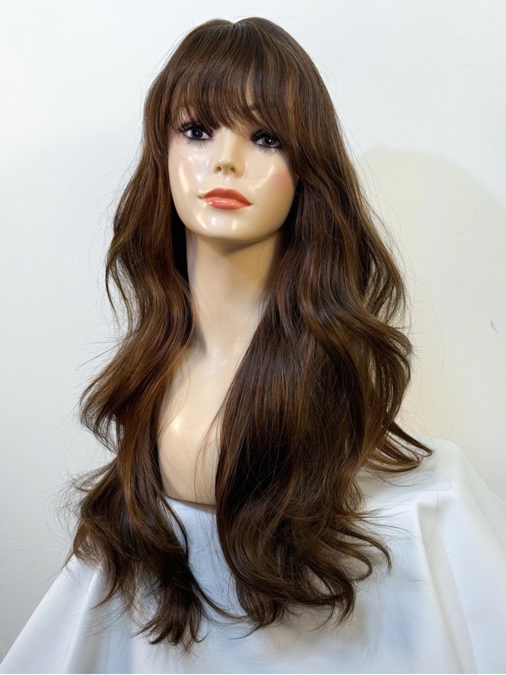 25β Human Hair Blend Wig Natural Medium Brown With Bangs Heat Resistant